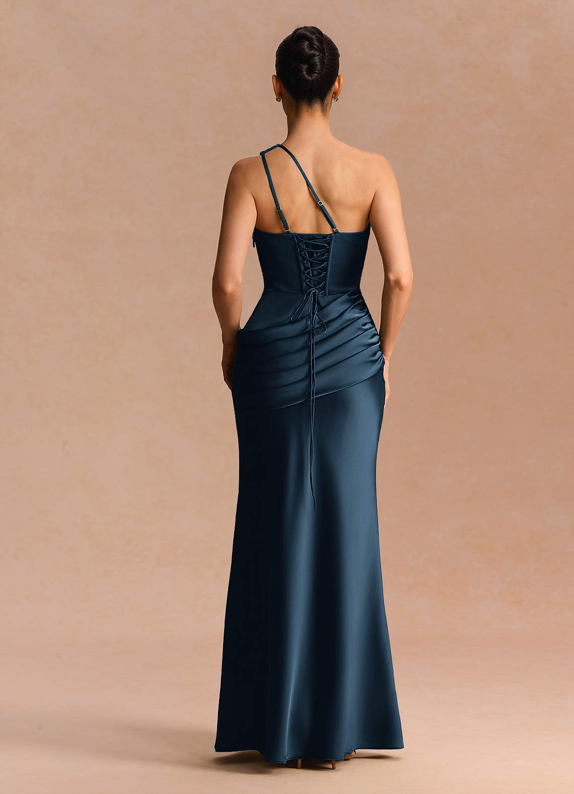 Guinevere One-Shoulder Cutout Stretch Satin Evening Dress in Navy