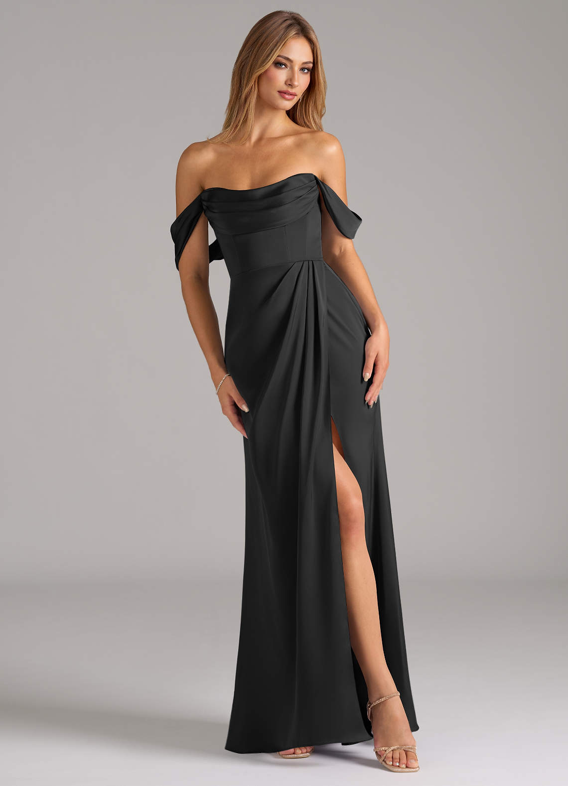 Johana Mermaid Off-the-Shoulder Stretch Satin Bridesmaid Dress in black