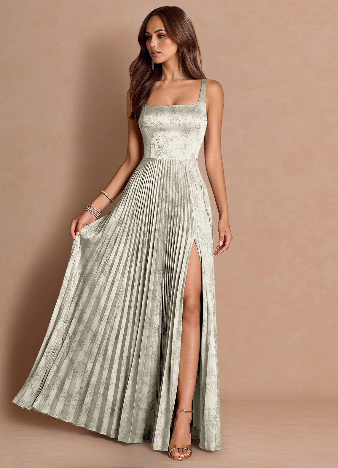 Tatiana A-Line Square-Neck Jacquard Wedding Guest Dress in Moss Navy