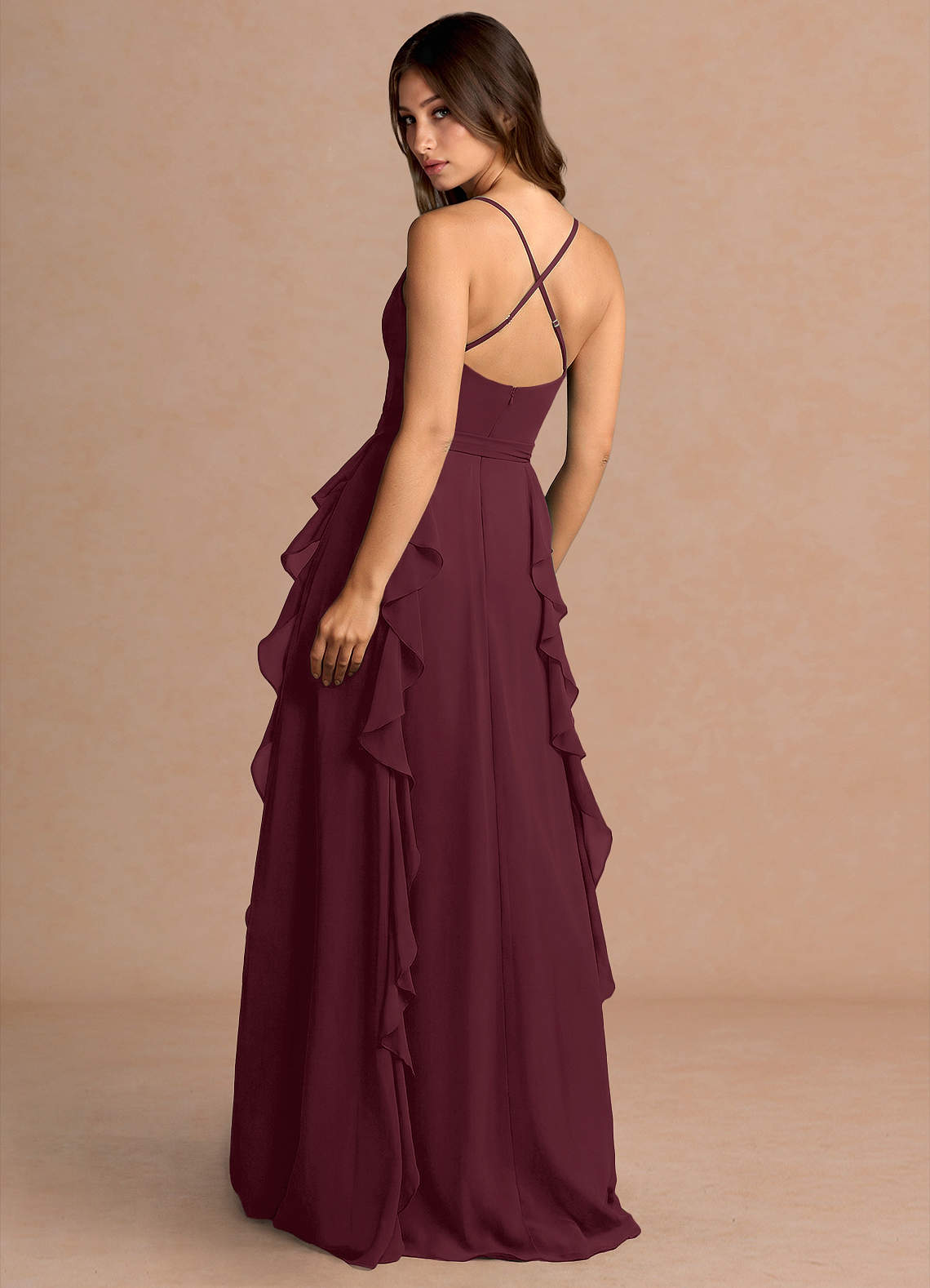 Alouette A-Line V-Neck Chiffon Evening Dress in Wine