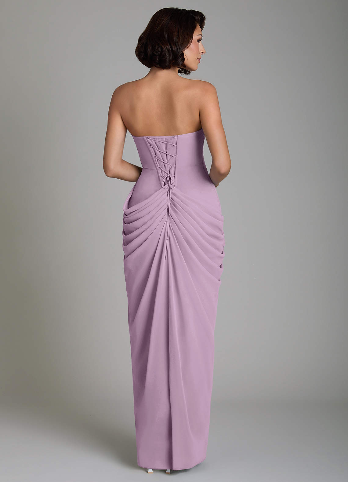 Nyra Sheath Strapless Chiffon Bridesmaid Dress in Wisteria