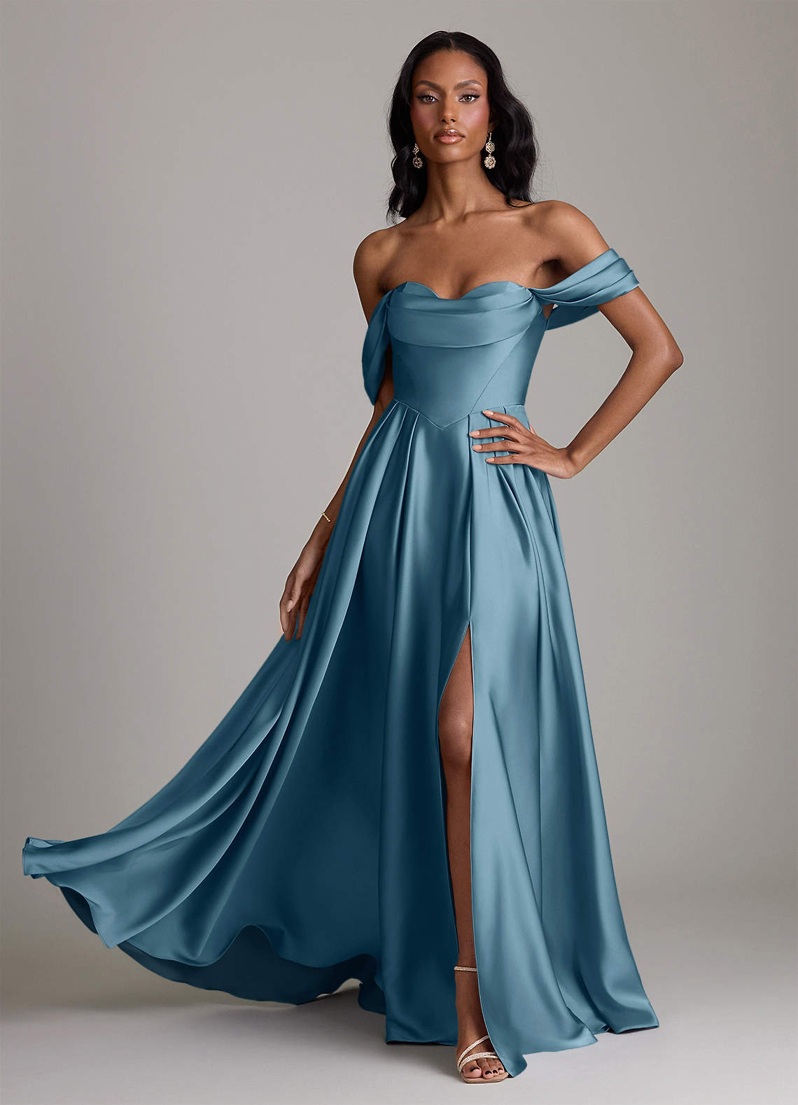 Loisa A-Line Off-the-Shoulder Stretch Satin Bridesmaid Dress in Bermuda