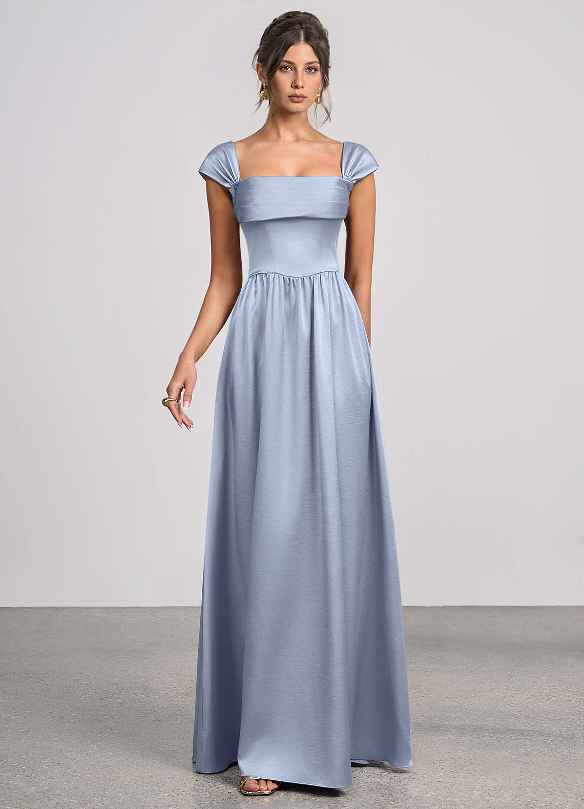 Odette A-Line Corset Luminous Satin Evening Dress in dusty blue