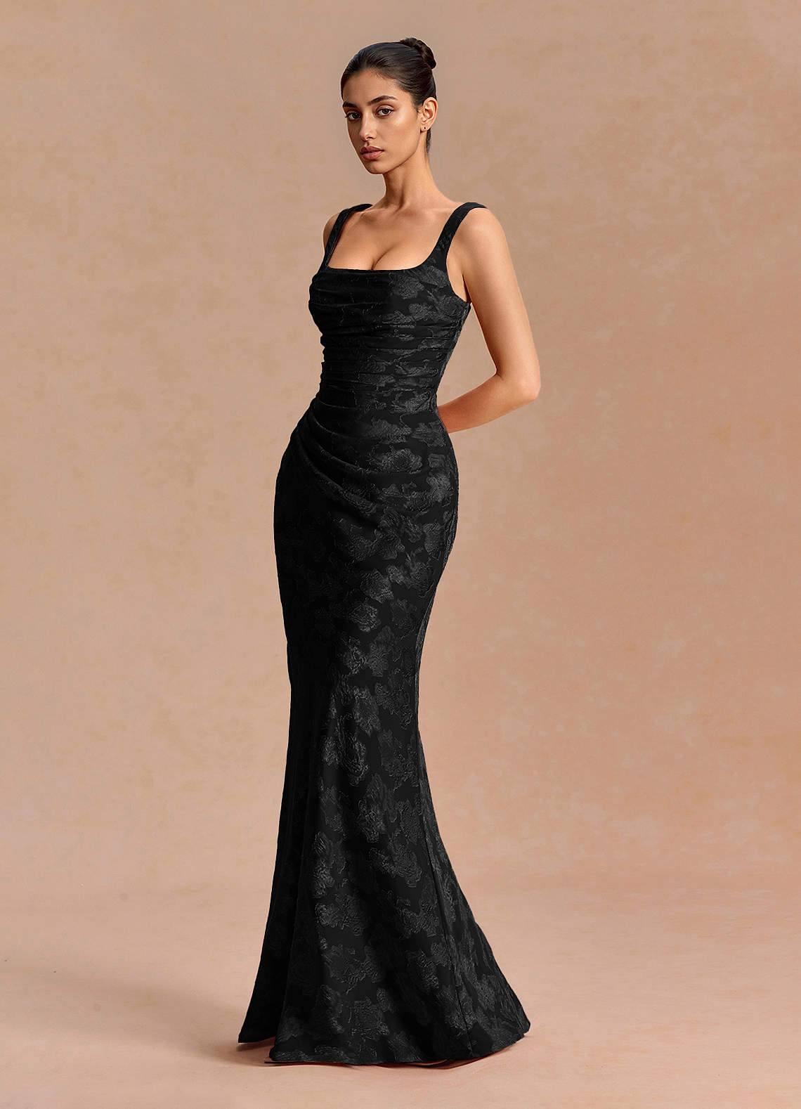 Agustina Square-Neck Pleated Fil Coupé Evening Dress in Black