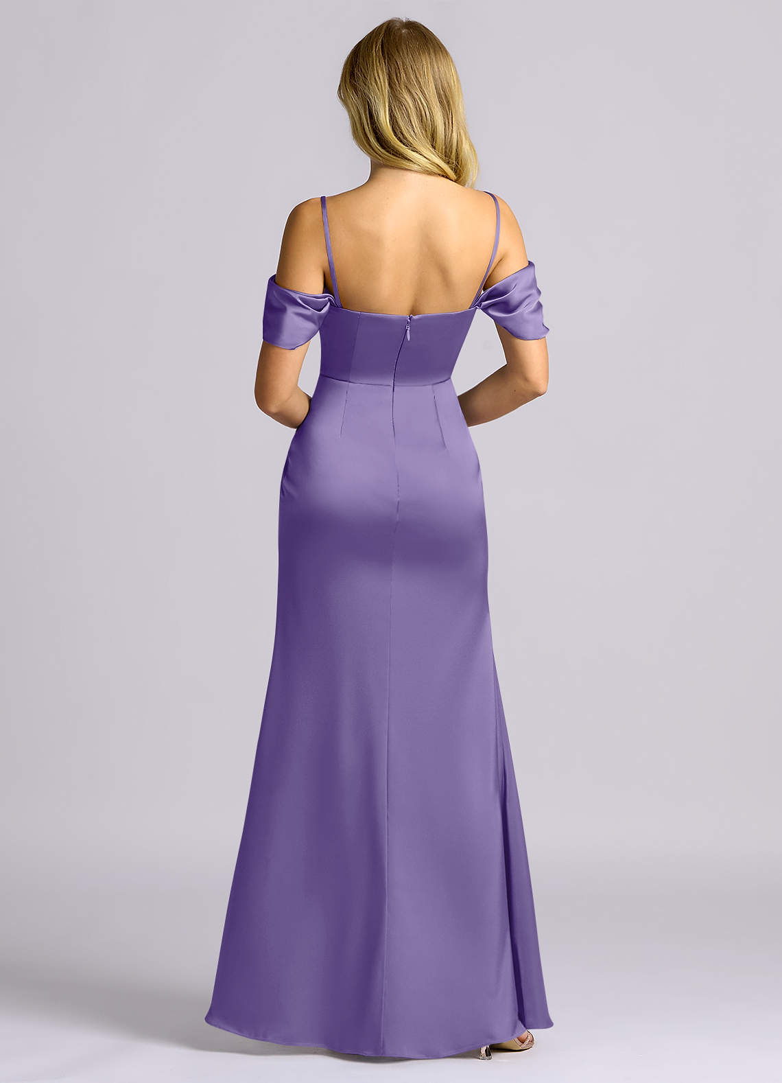 Auden Sheath Off-the-Shoulder Stretch Satin Bridesmaid Dress in Tahiti