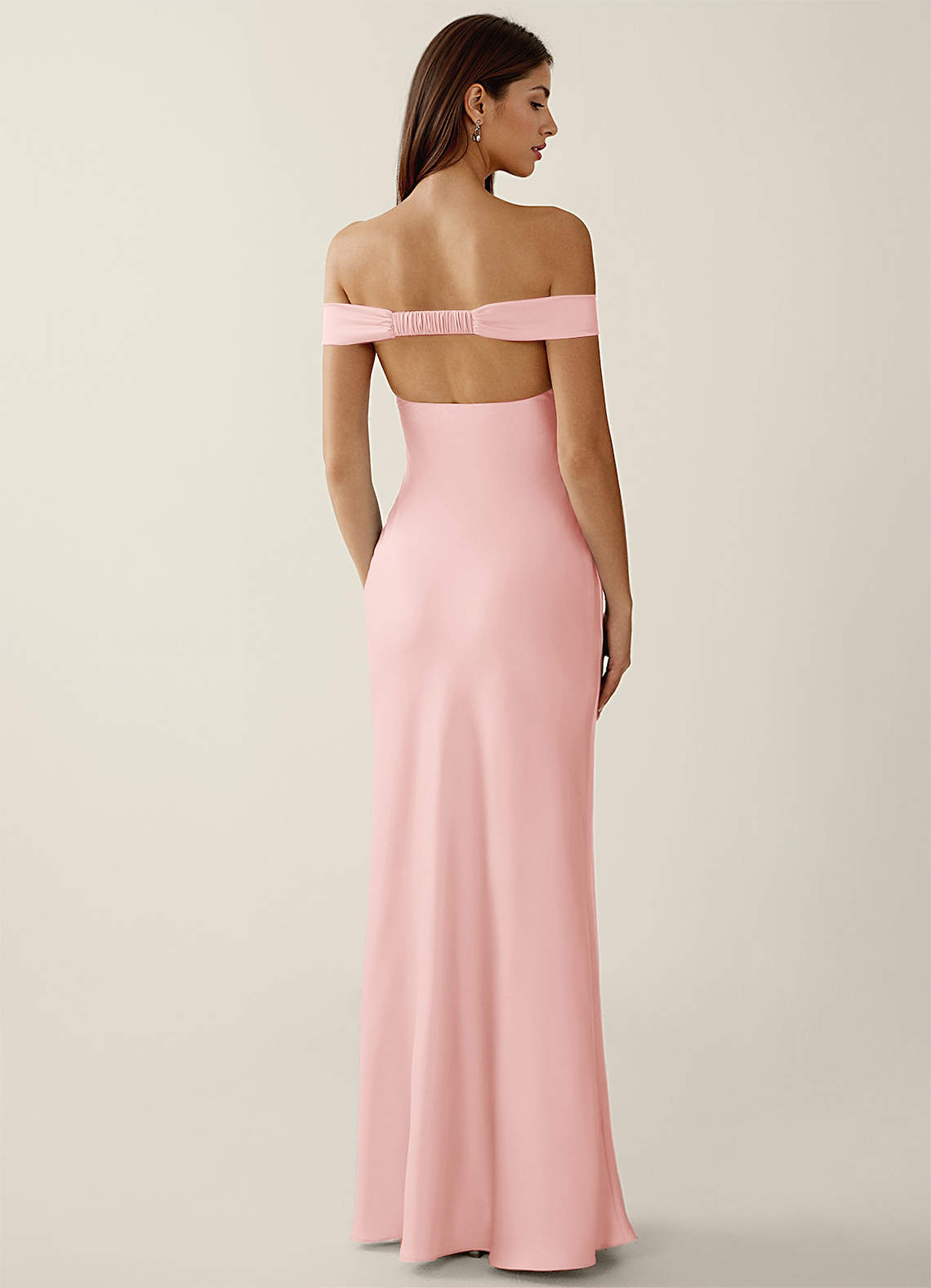 Gwendonme Sheath Off-the-Shoulder Satin Crystal Linen Evening Dress in Haze Pink
