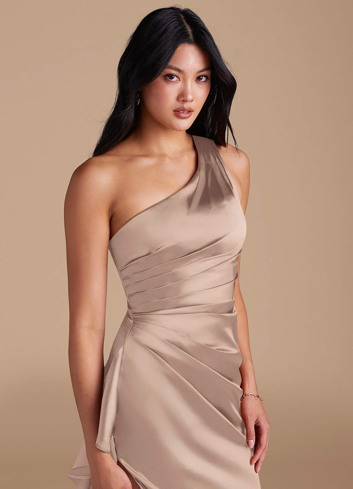 Latrice Sheath One-Shoulder Metallic Satin Bridesmaid Dress in Taupe