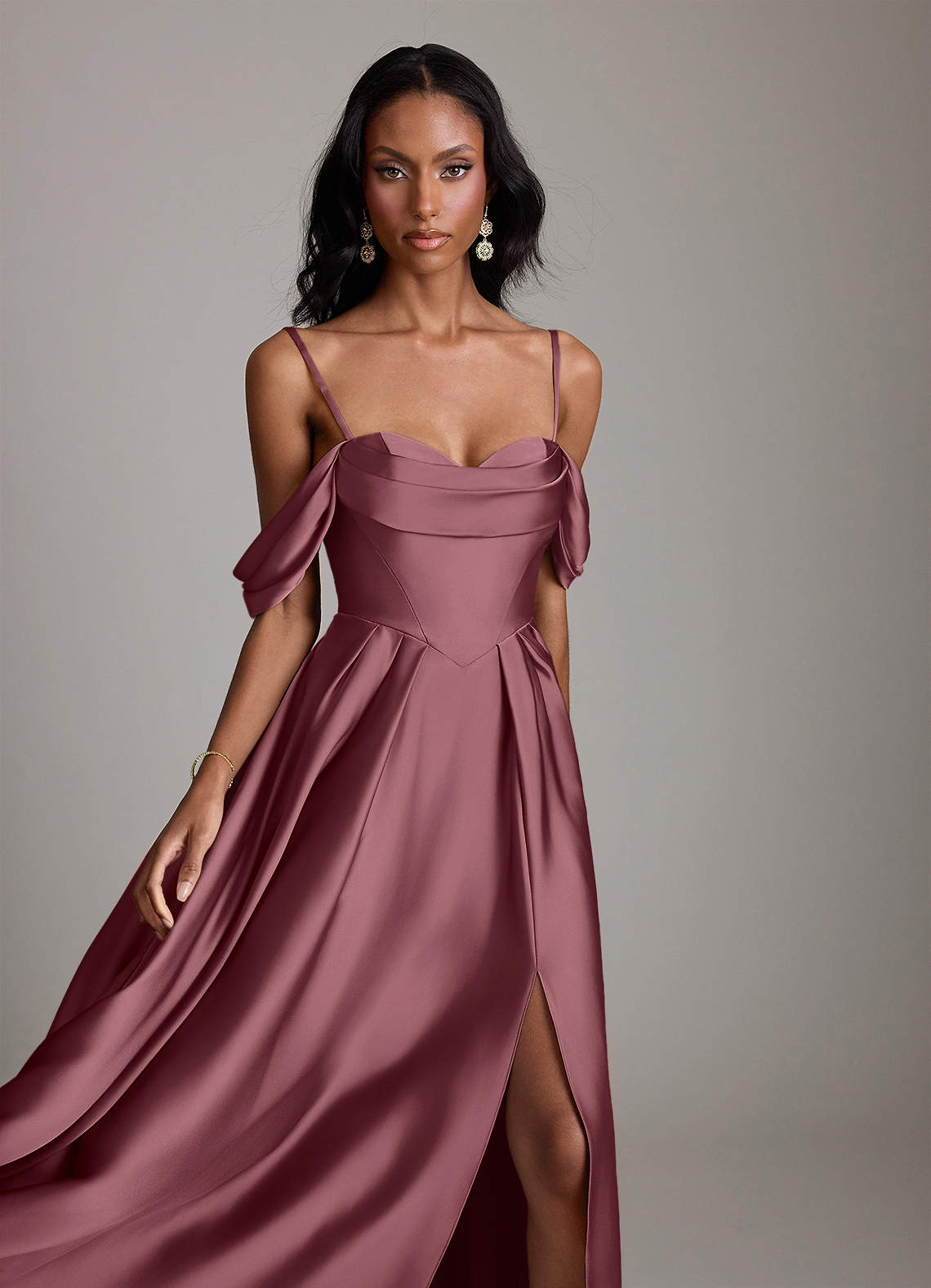Loisa A-Line Off-the-Shoulder Stretch Satin Bridesmaid Dress in Desert Rose