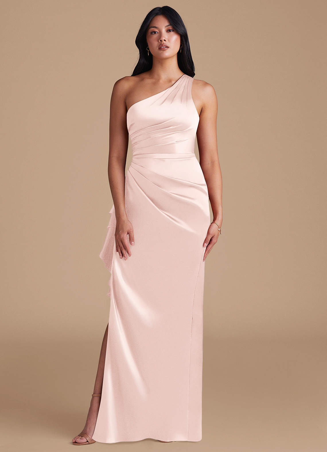 Latrice Sheath One-Shoulder Metallic Satin Bridesmaid Dress in Blushing Pink