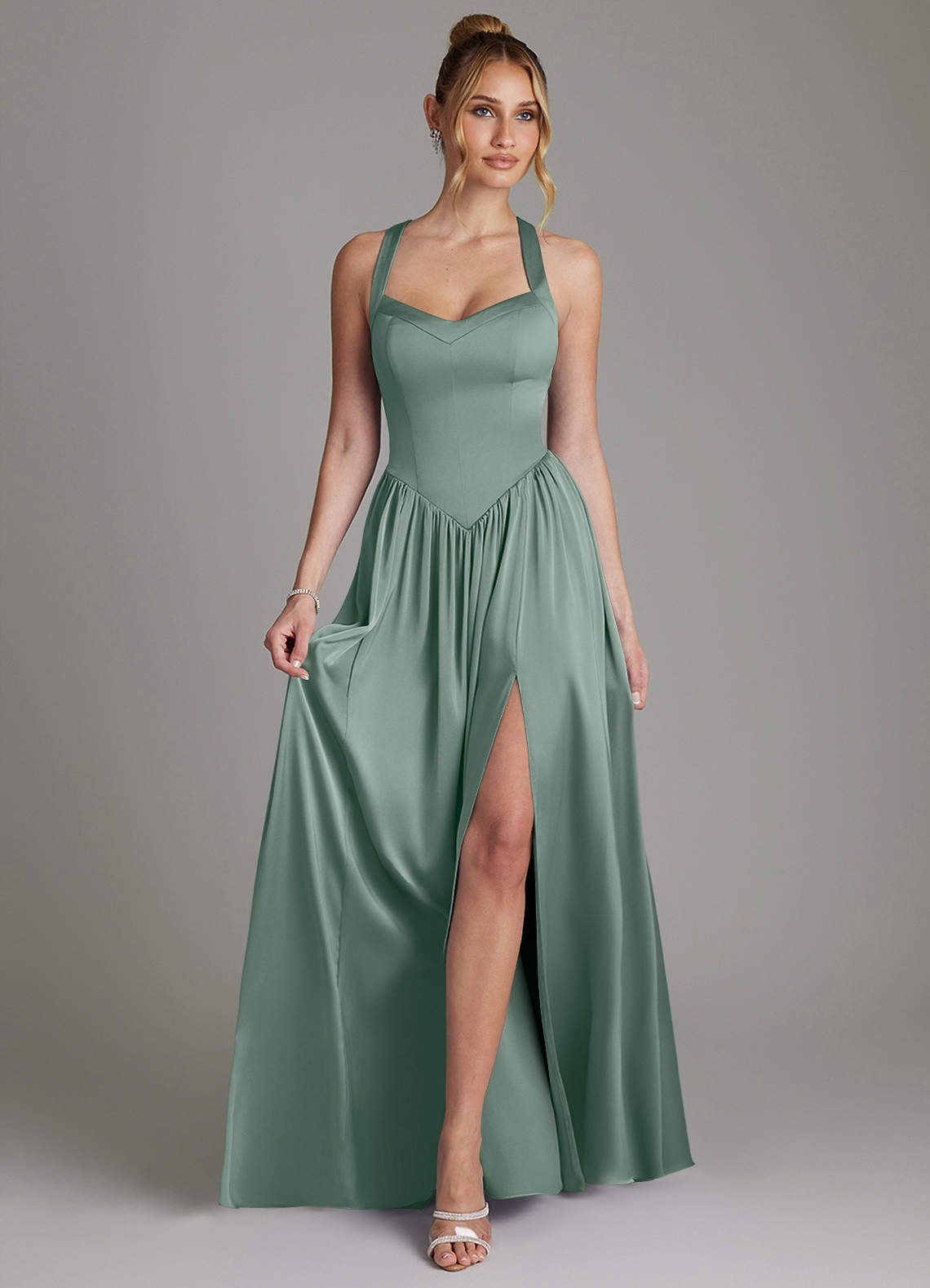 Francis A-Line V-Neck Stretch Satin Bridesmaid Dress in Silver Sage