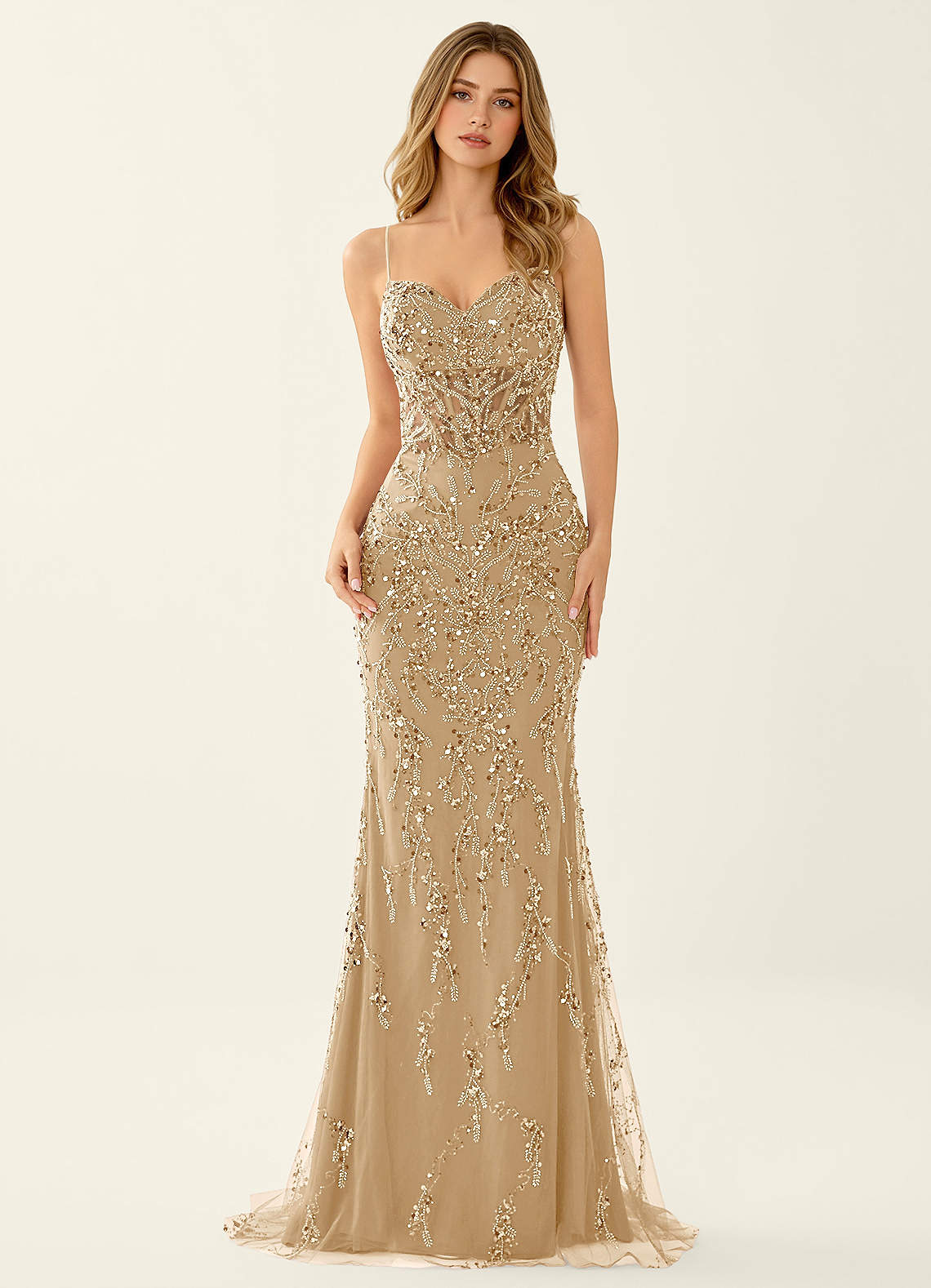 Zivah Mermaid V-Neck Beaded Stretch Mesh Evening Dress in champagne