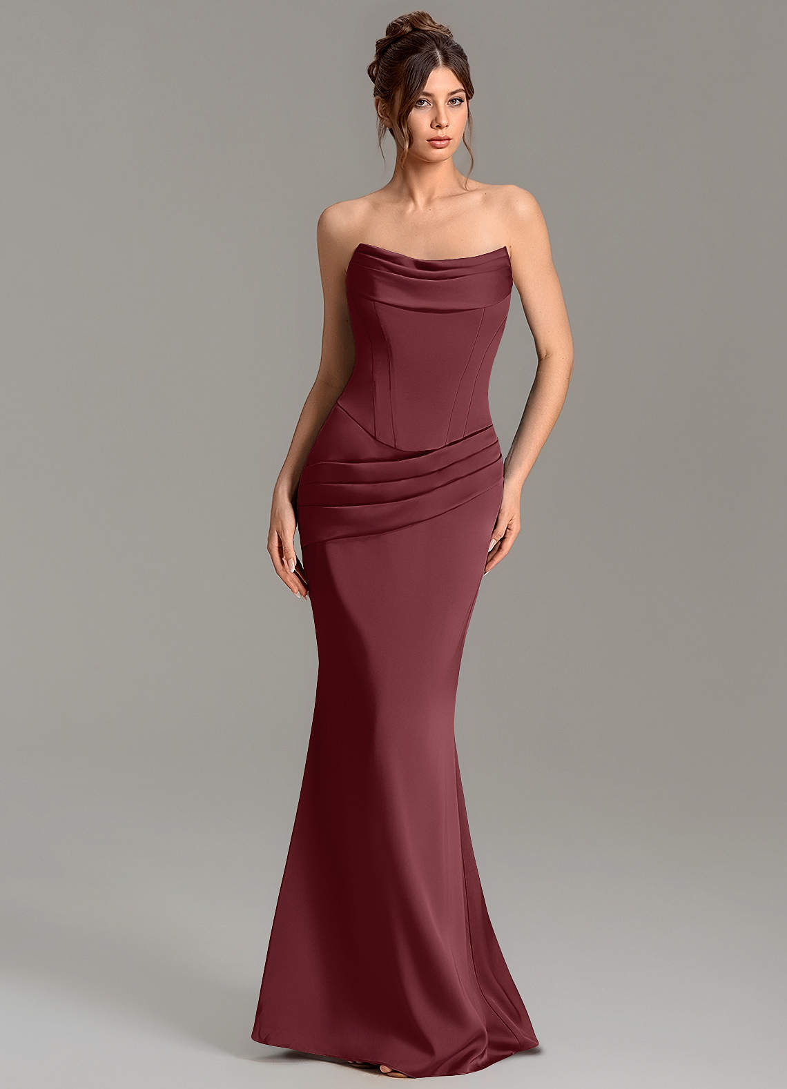 Adrienne Mermaid Cowl-Neck Stretch Satin Bridesmaid Dress in Cabernet