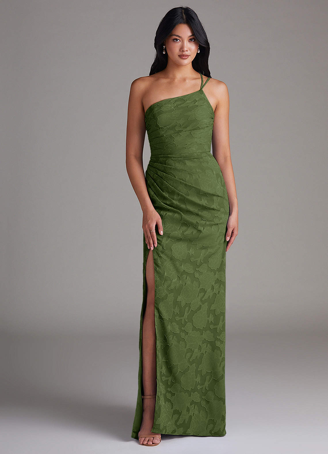 Eren Sheath One-Shoulder Floral Burnout Bridesmaid Dress in Olive