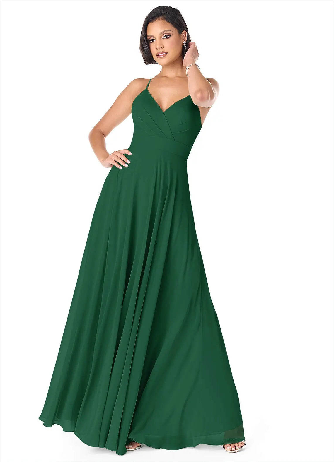 Avelina A-Line V-Neck Chiffon Bridesmaid Dress in Dark Green