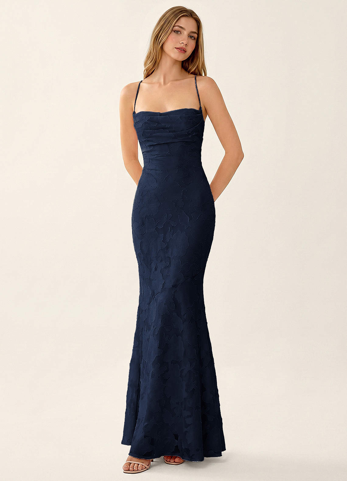 Natasha Mermaid Spaghetti-Strap Floral Burnout Evening Dress in Navy