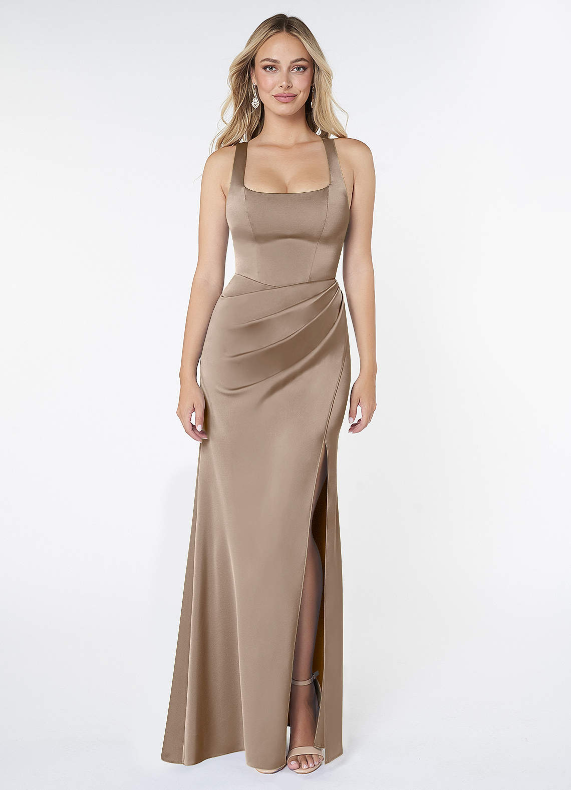 Mero Mermaid Square-Neck Stretch Satin Bridesmaid Dress in Taupe