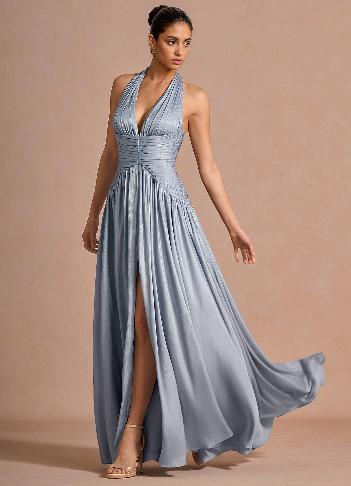 Hecate A-Line Halter Satin-Faced Chiffon Evening Dress in Sky Blue
