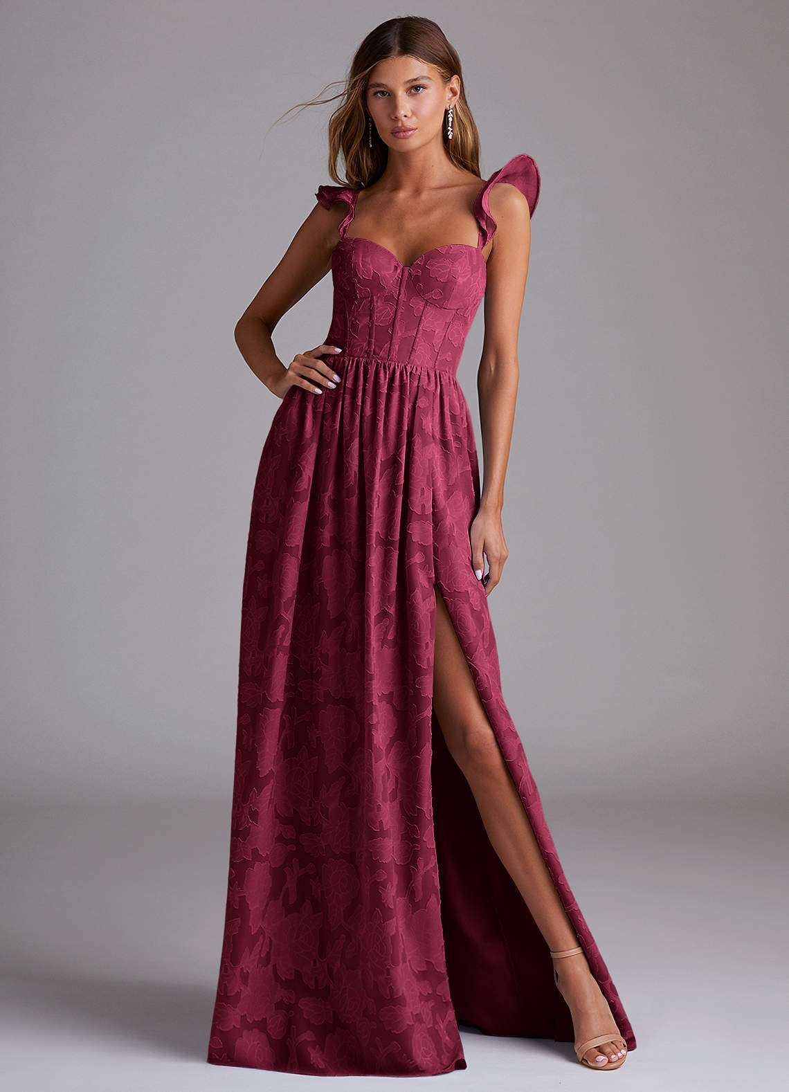 Denisse A-Line Sweetheart Floral Burnout Bridesmaid Dress in Burgundy