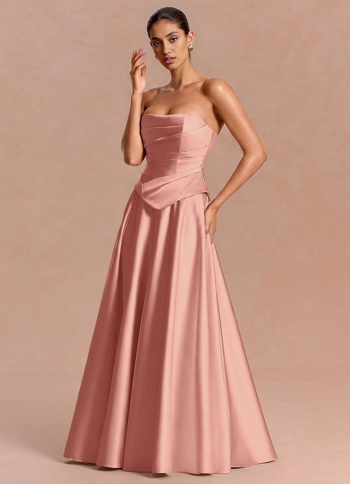 Eponine A-Line Pleated Stretch Satin Evening Dress in Rosette