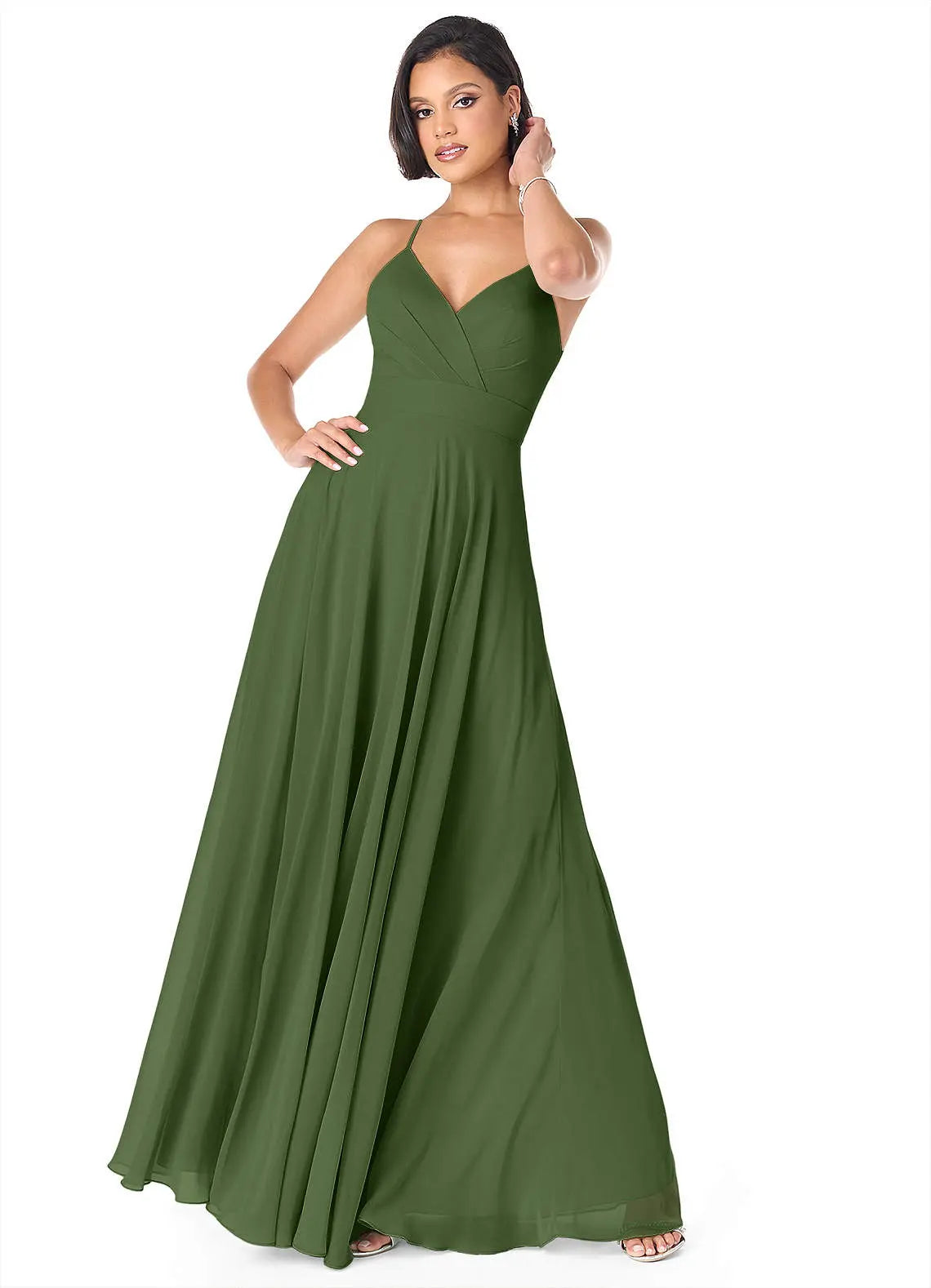Avelina A-Line V-Neck Chiffon Bridesmaid Dress in Olive