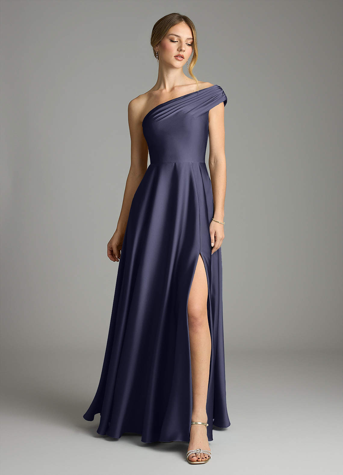 Melanie A-Line One-Shoulder Stretch Satin Bridesmaid Dress in Stormy