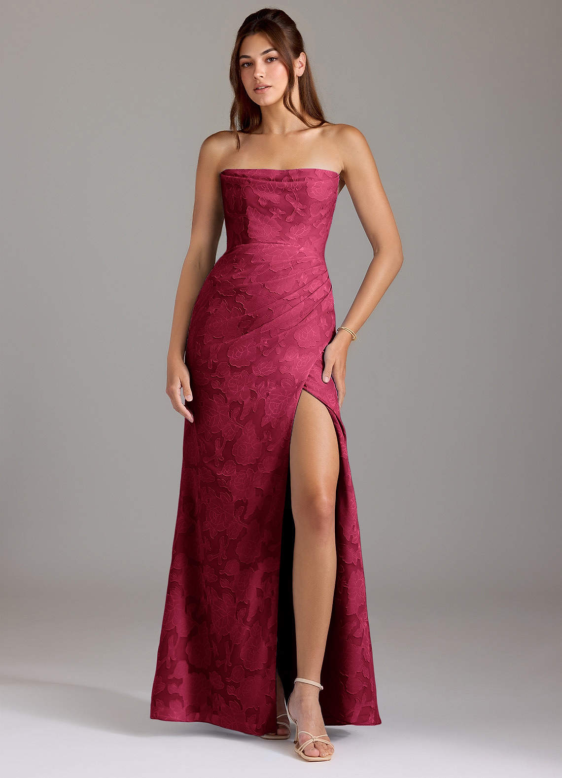Leonis Sheath Strapless Floral Burnout Bridesmaid Dress in Burgundy