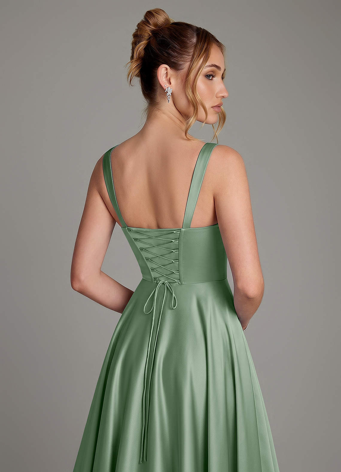 Azaria A-Line Square-Neck Stretch Satin Bridesmaid Dress in Matcha
