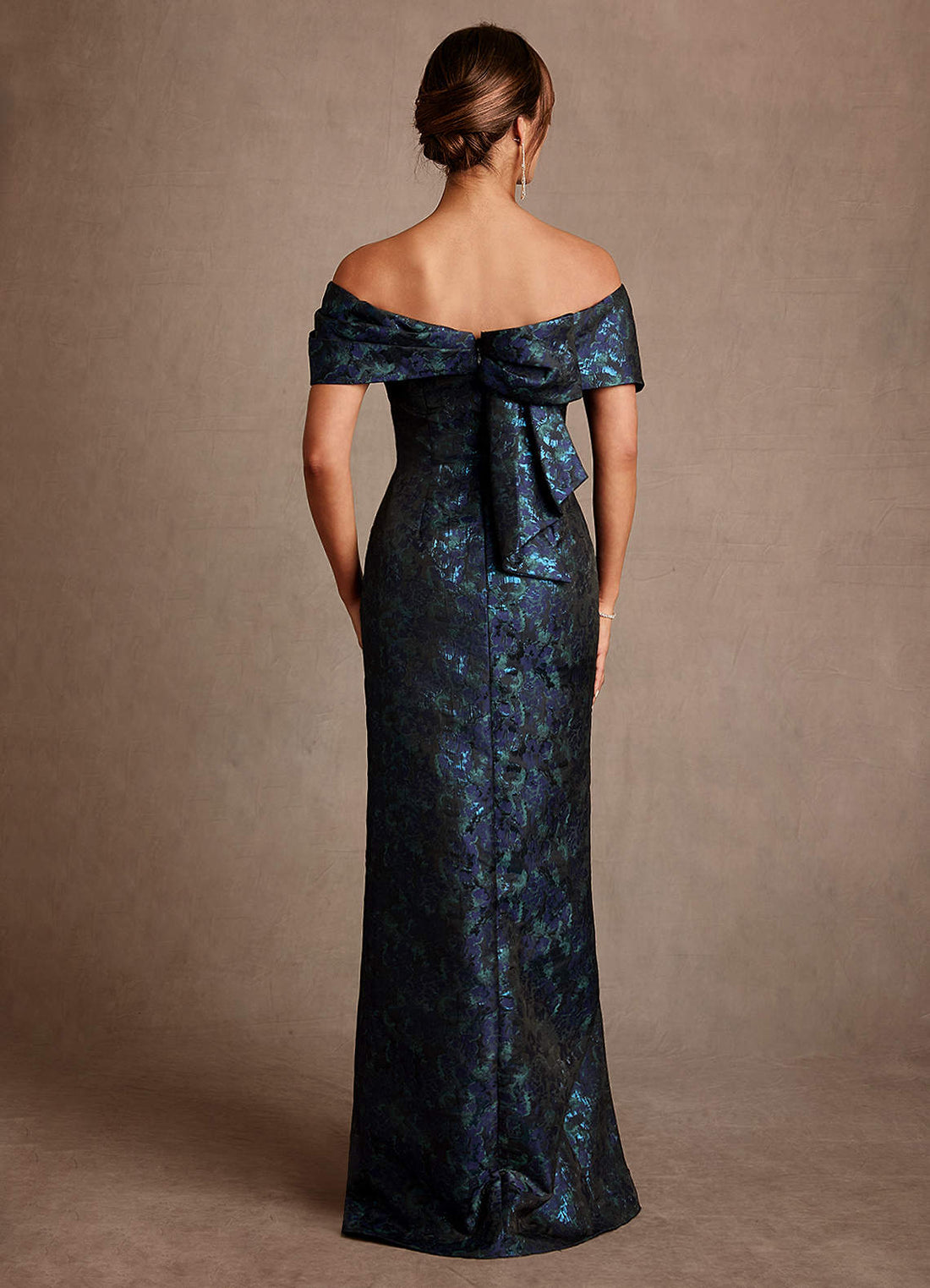 Zion Sheath Off-the-Shoulder Jacquard Mother of the Bride Dress in Dark Navy