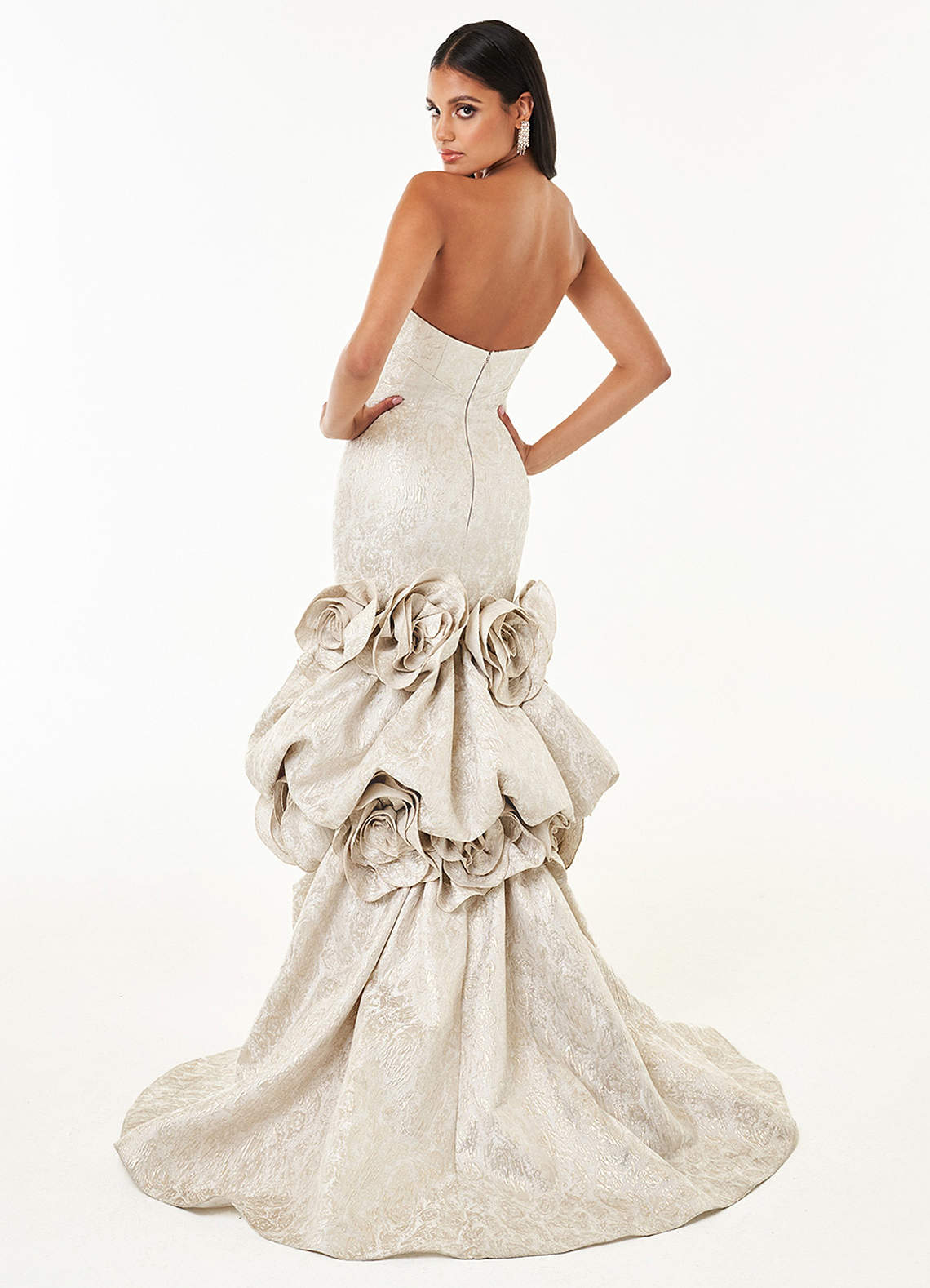 Donatella Rosette Bustle-Train Metallic Brocade Evening Dress in Champagne
