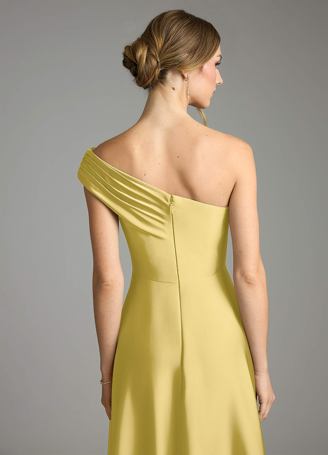 Melanie A-Line One-Shoulder Stretch Satin Bridesmaid Dress in Canary