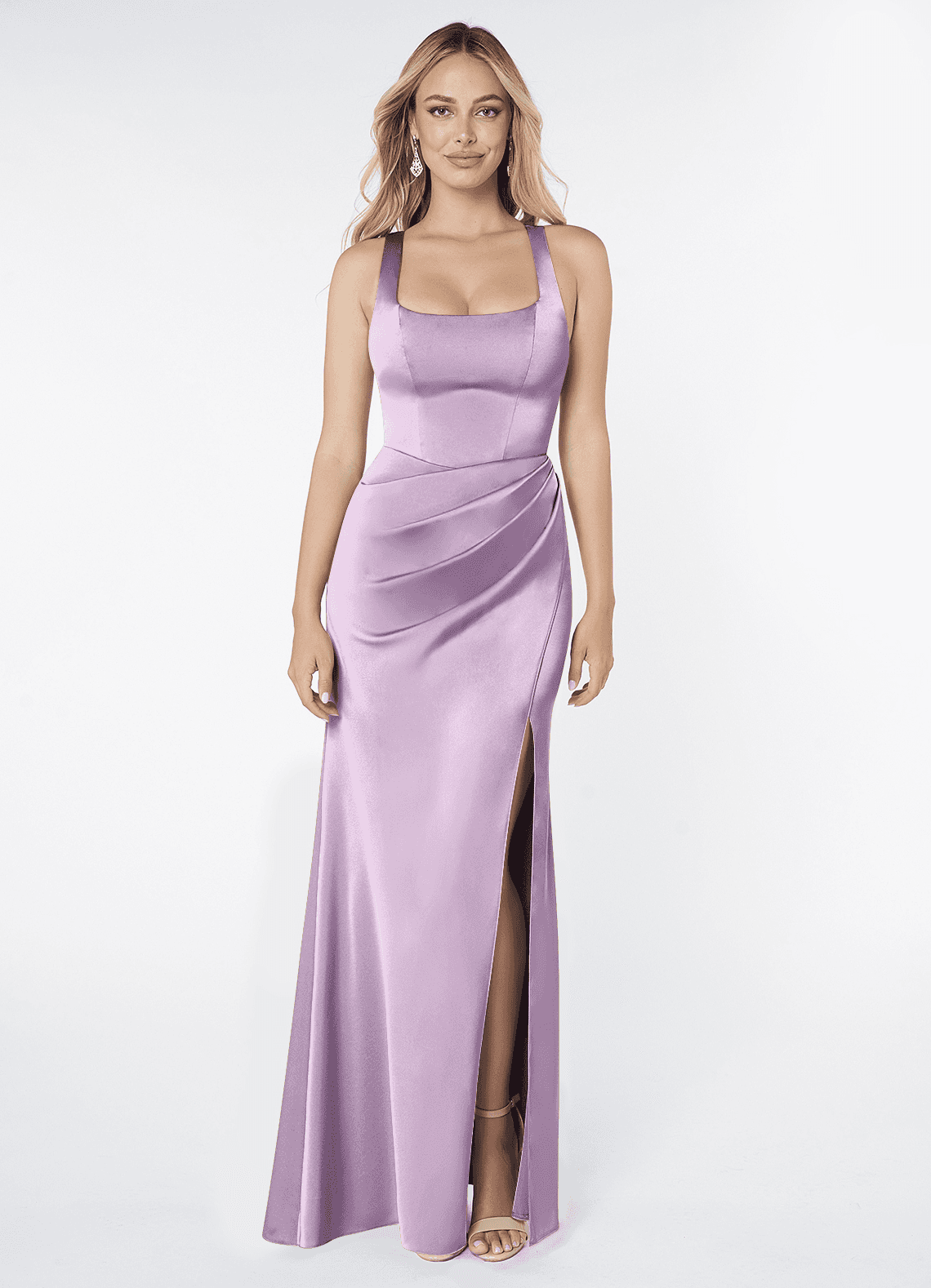Mero Mermaid Square-Neck Stretch Satin Bridesmaid Dress in Frosted Lilac