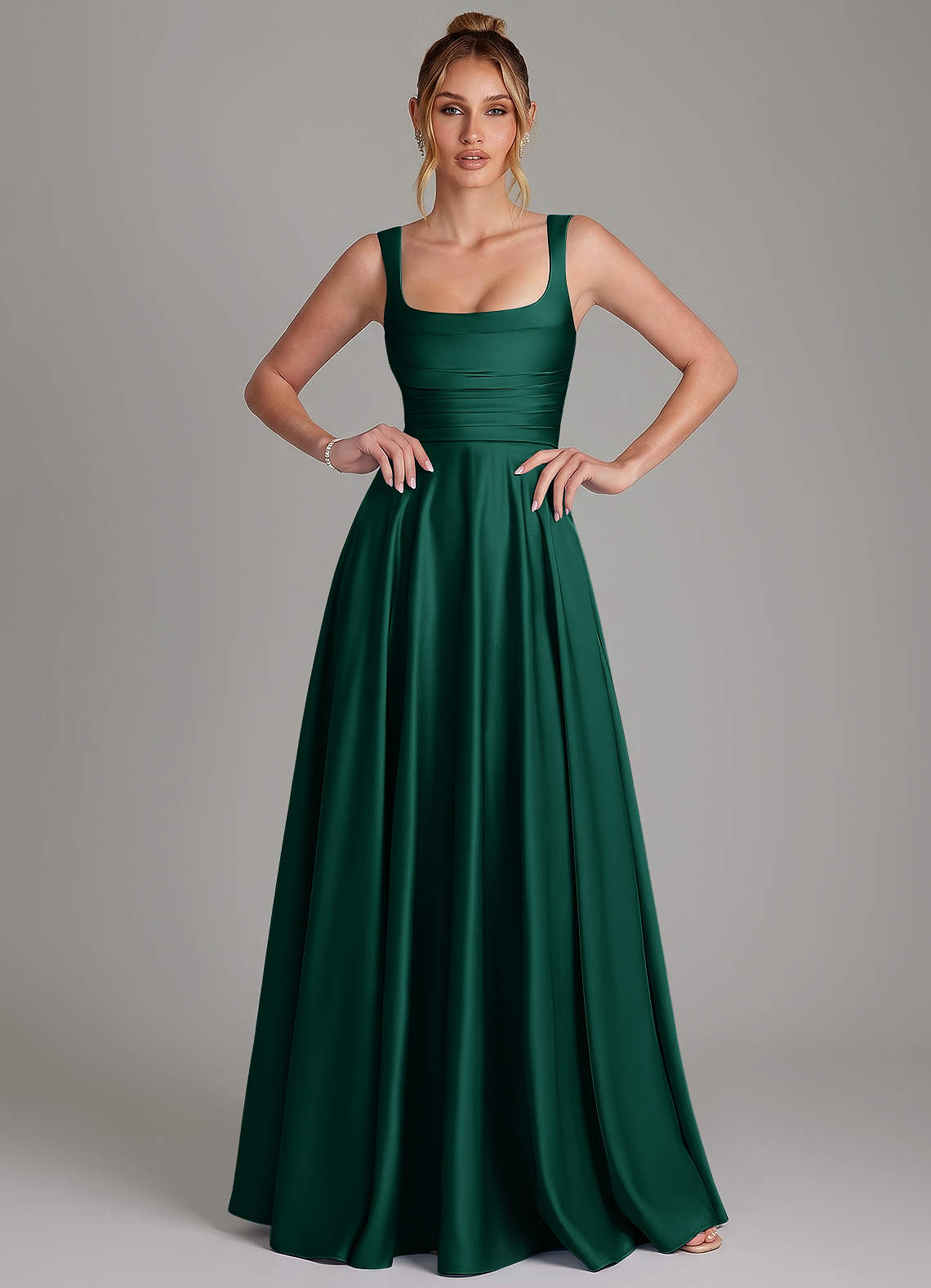 Azaria A-Line Square-Neck Stretch Satin Bridesmaid Dress in Emerald