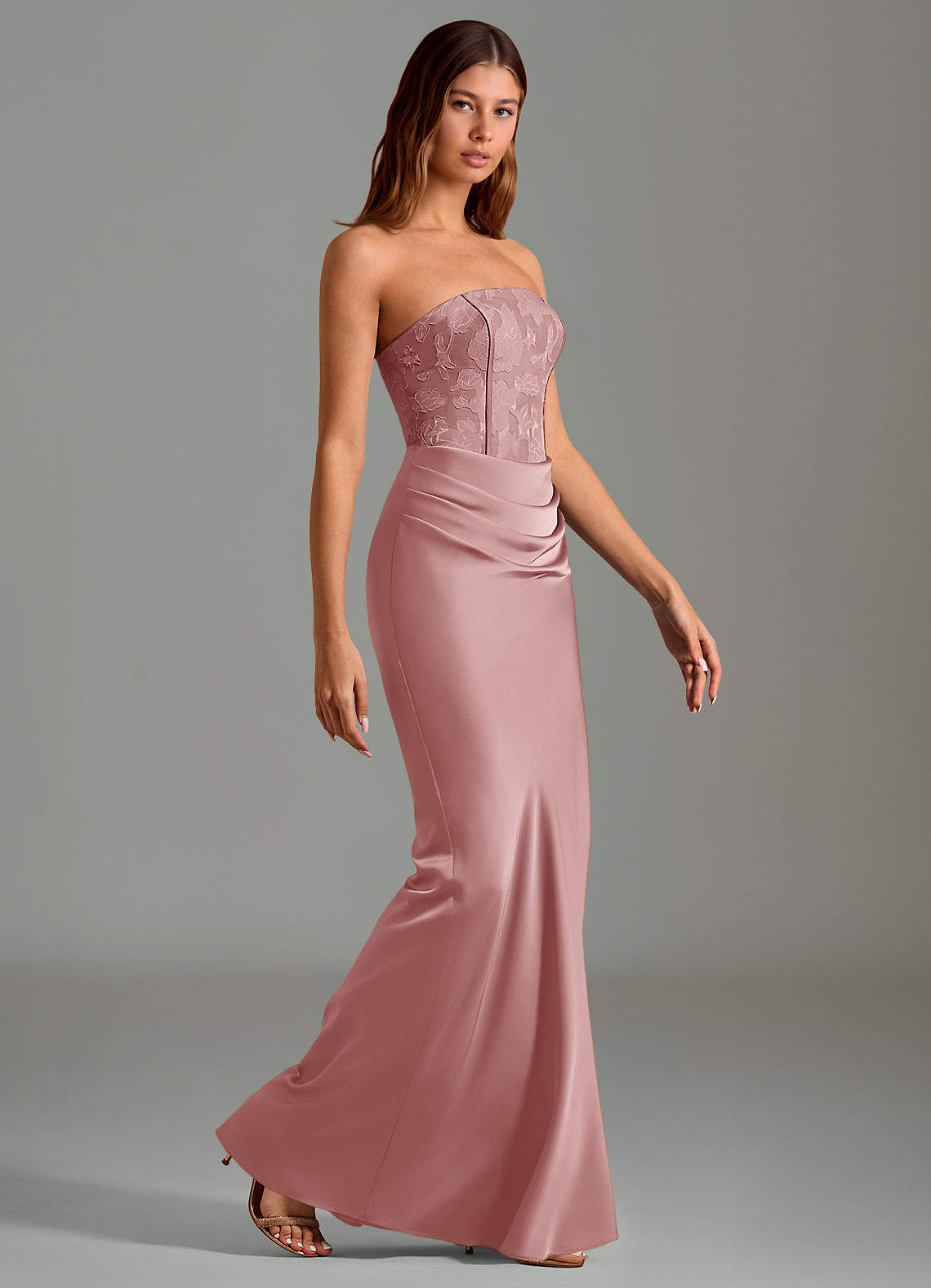 Emilia Mermaid Strapless Stretch Satin and Floral Burnout Bridesmaid Dress in dusty rose