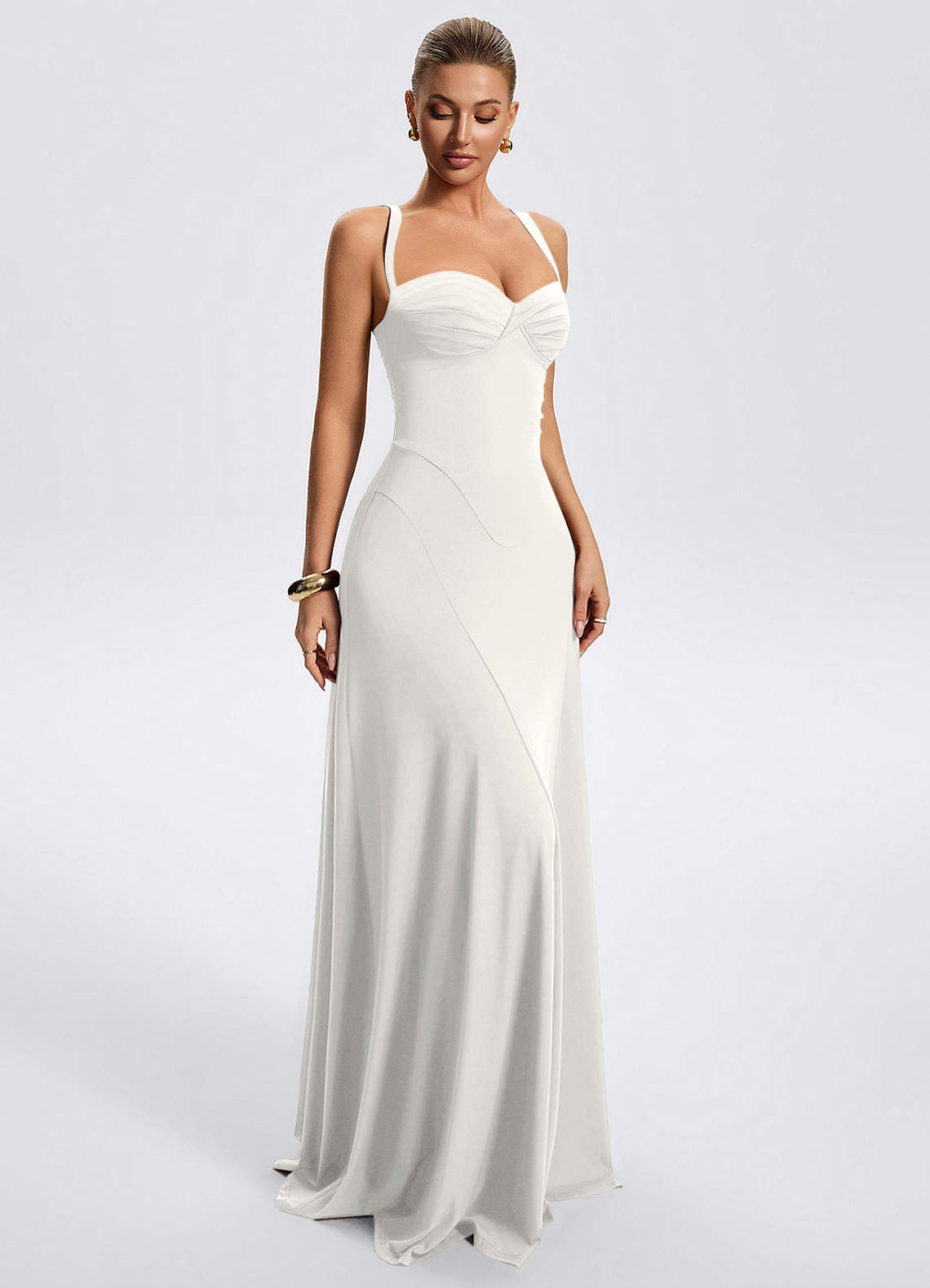 Zephira Fitted Sweetheart Godet Stretch Jersey Wedding Guest Dress in white