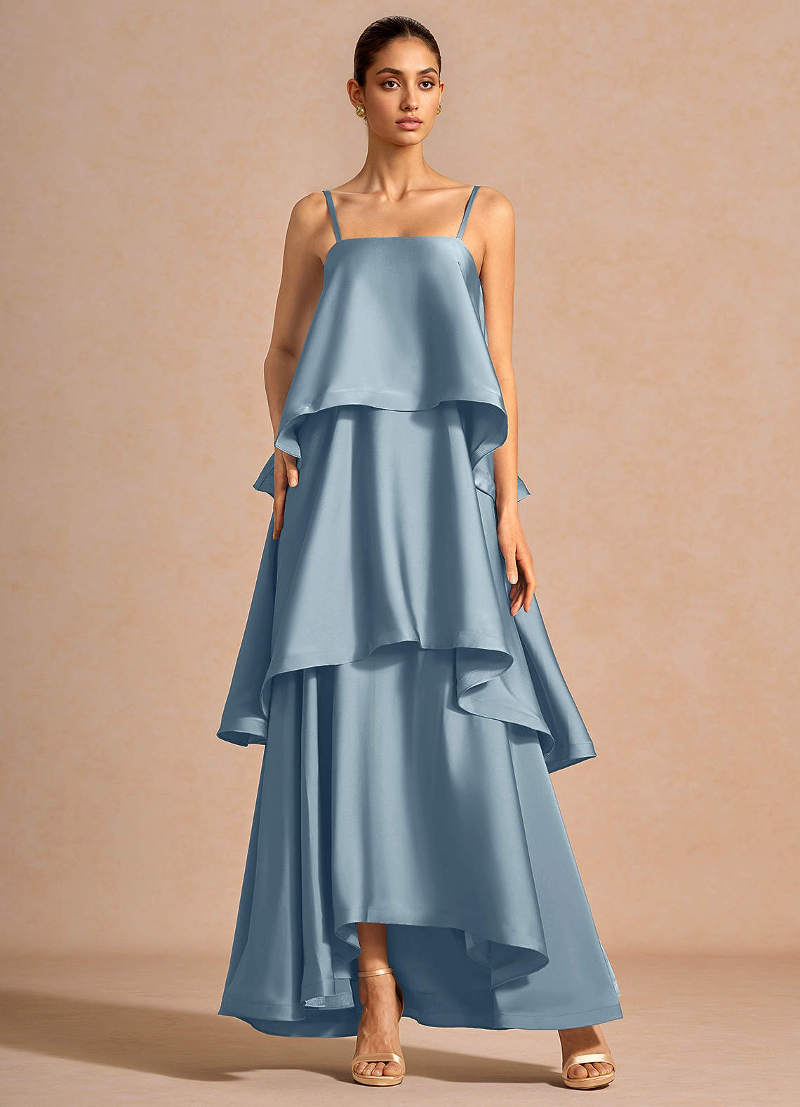 Itasca A-Line Tiered Stretch Satin Wedding Guest Dress in Powder Blue