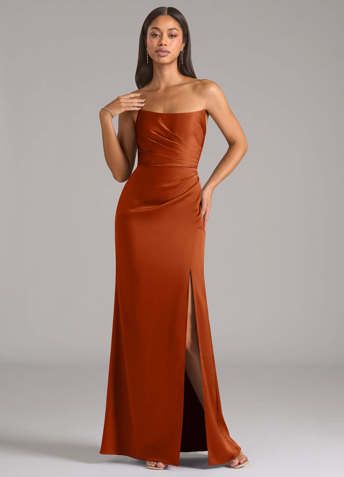 Marla Sheath Strapless Stretch Satin Bridesmaid Dress in Burnt Orange