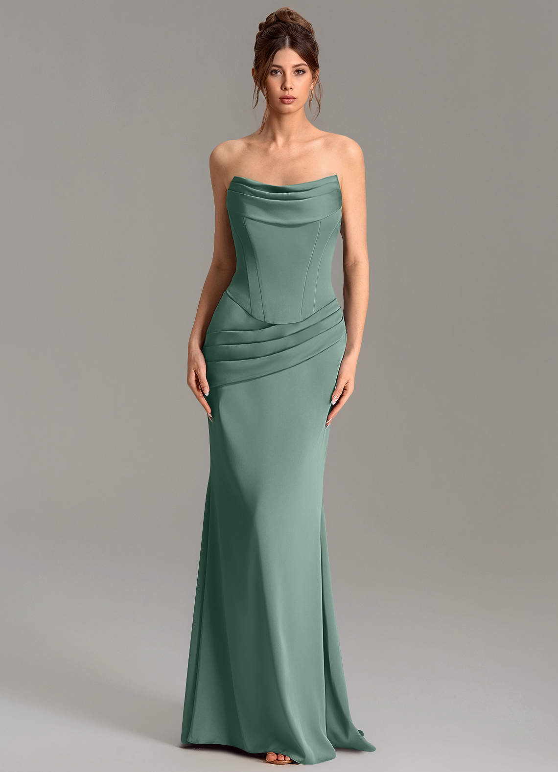 Adrienne Mermaid Cowl-Neck Stretch Satin Bridesmaid Dress in Eucalyptus