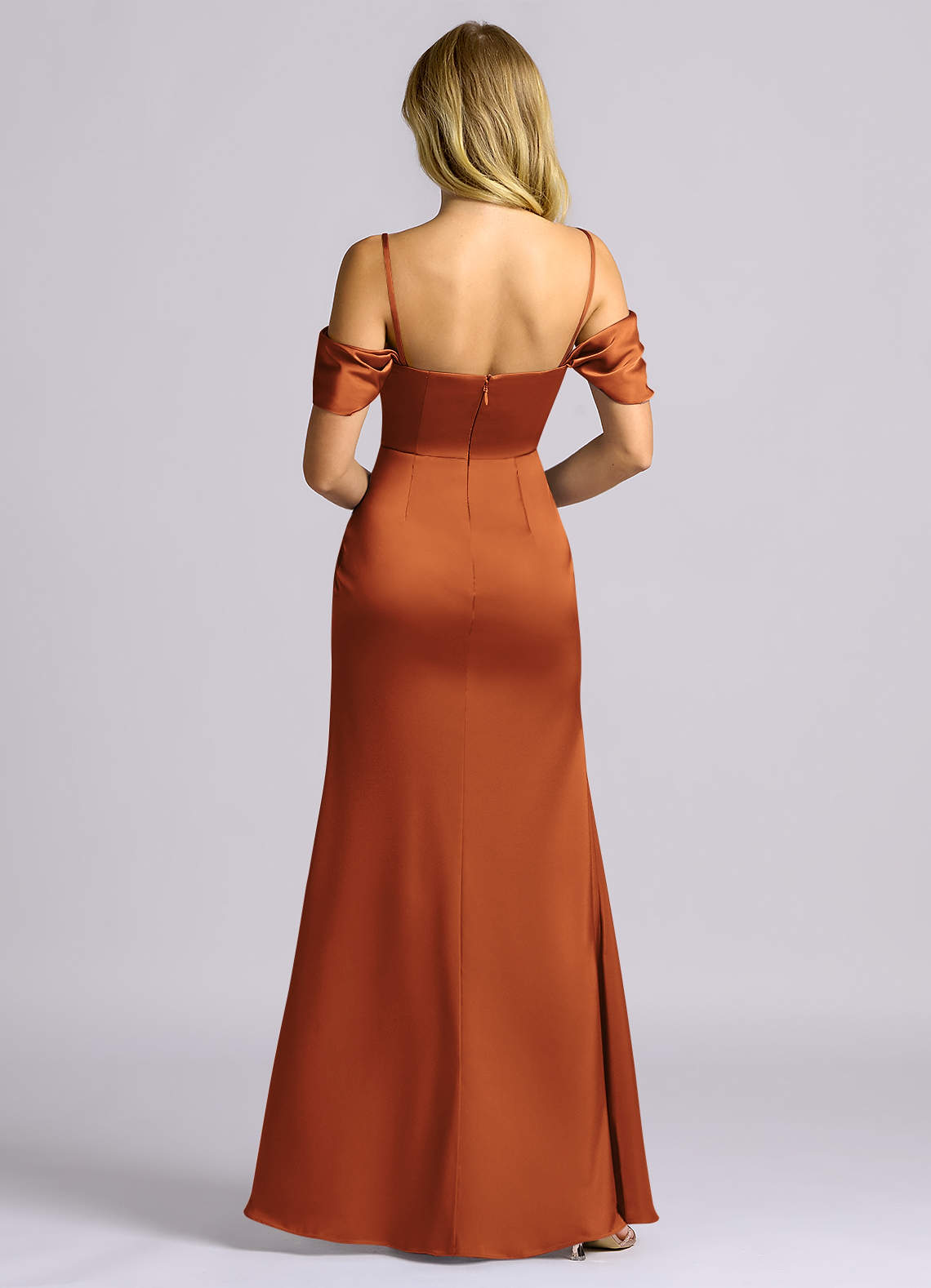 Auden Sheath Off-the-Shoulder Stretch Satin Bridesmaid Dress in Cinnamon