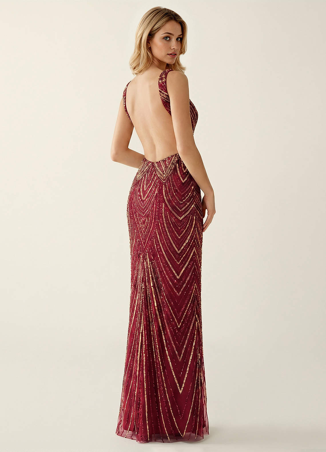 Hazelen Plunging V-Neck Chevron Sequin Tulle Evening Dress in Burgundy