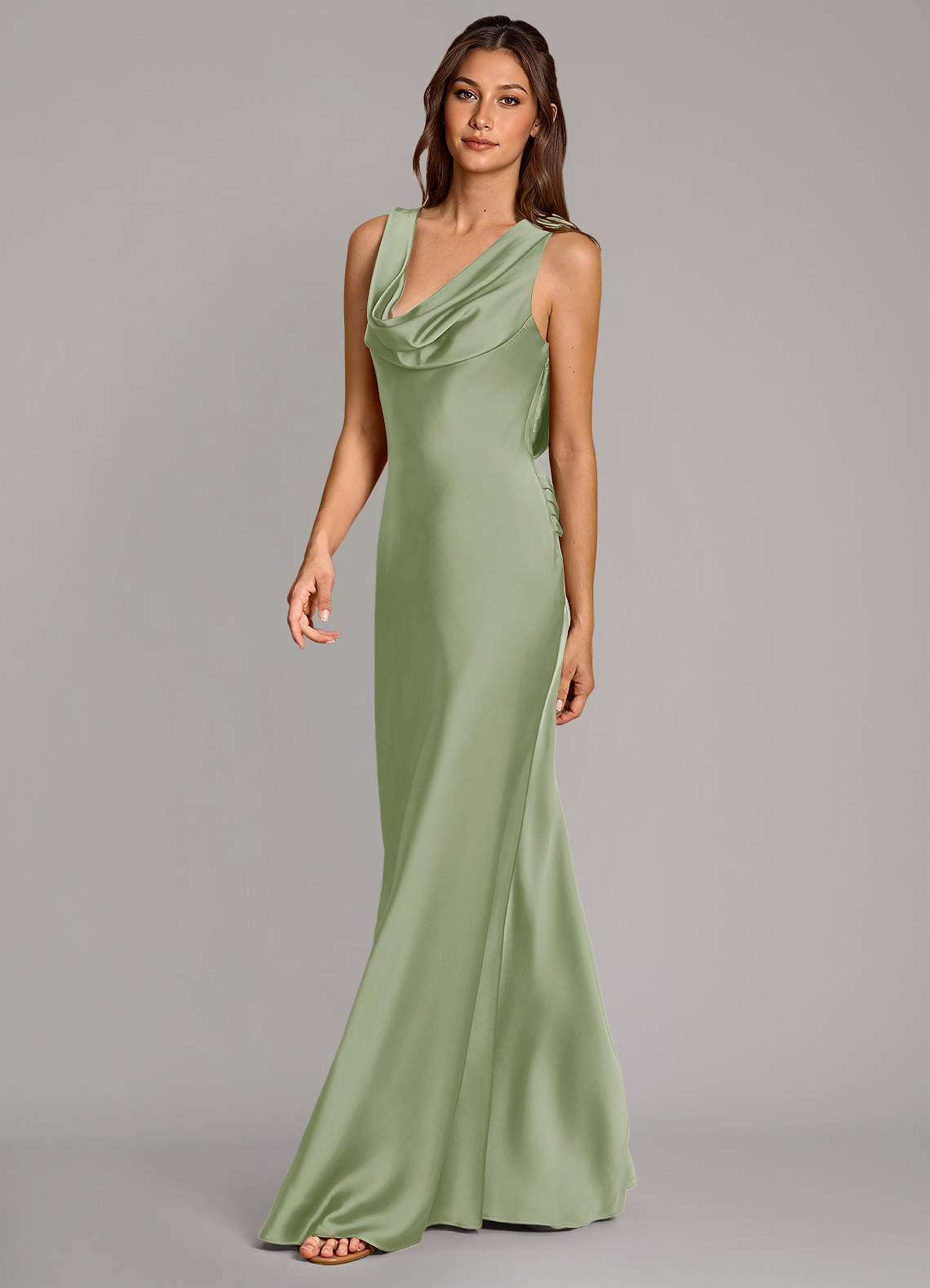 Cheryl Mermaid Cowl-Neck Stretch Satin Bridesmaid Dress in Dusty Sage