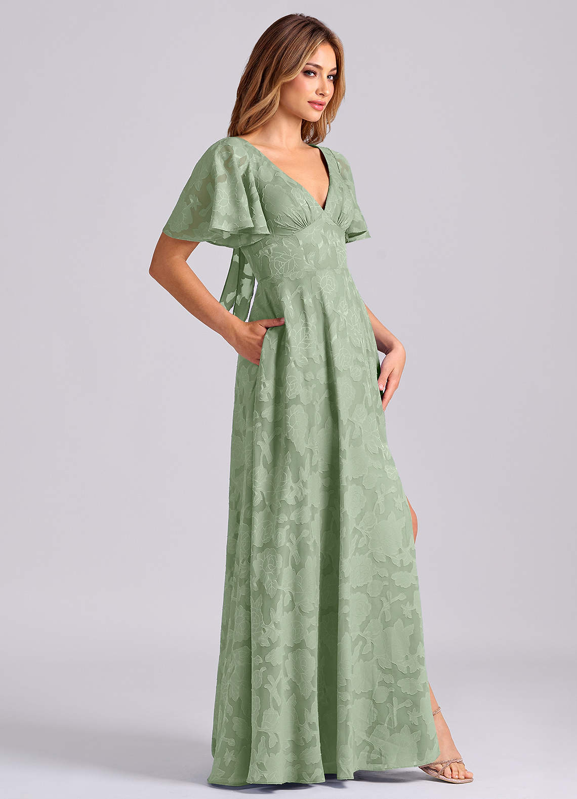 Kimber A-Line V-Neck Floral Burnout Bridesmaid Dress in Dusty Sage