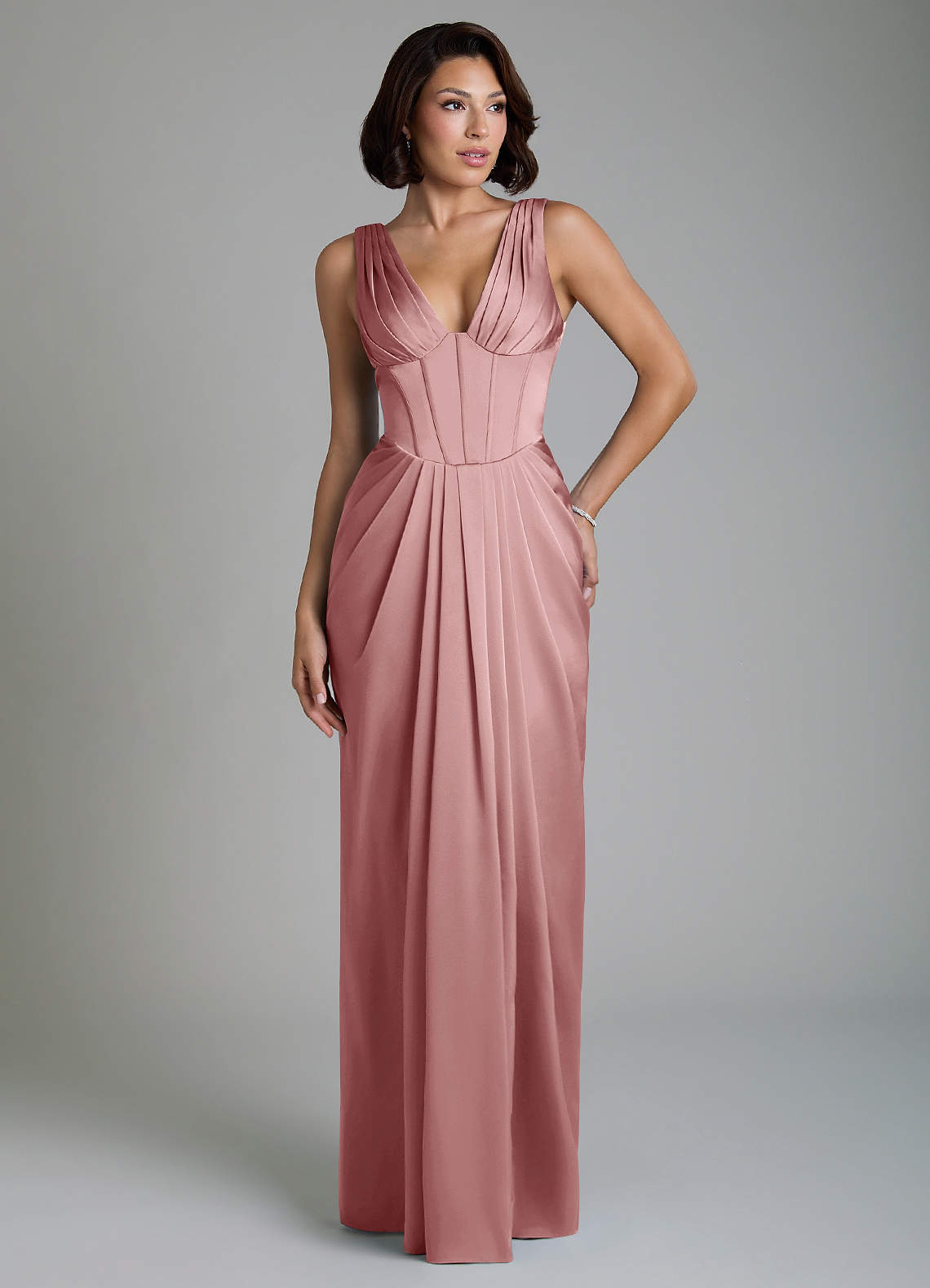 Vanya Sheath V-Neck Stretch Satin Bridesmaid Dress in dusty rose