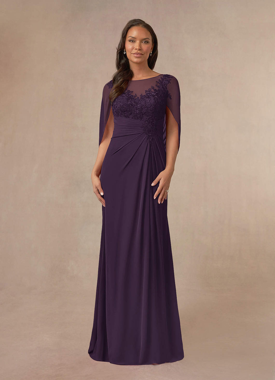 Hera A-Line Boat-Neck Stretch Satin and Lace Mother of the Bride Dress in Plum