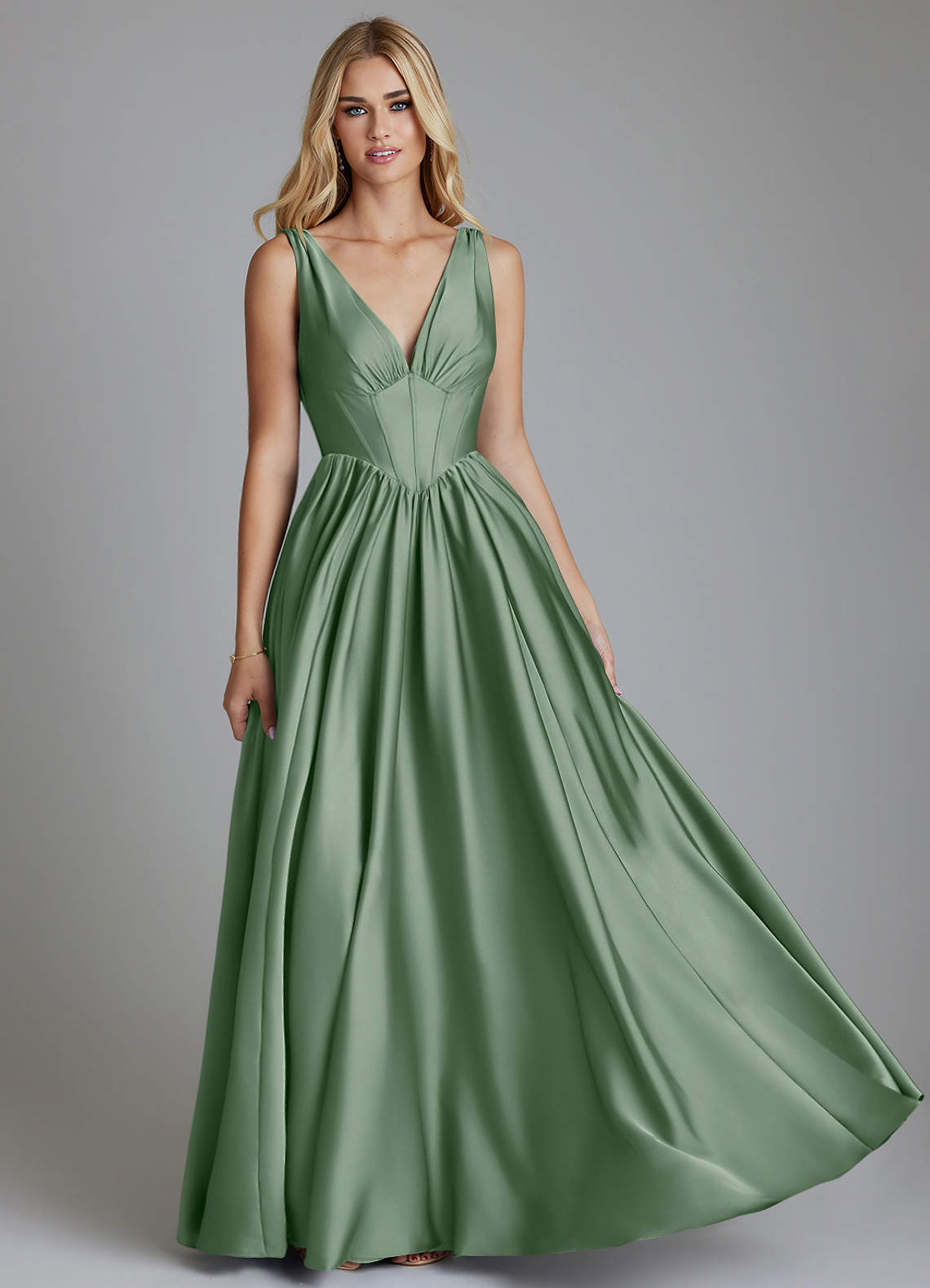Delmie A-Line V-Neck Stretch Satin Bridesmaid Dress in Matcha