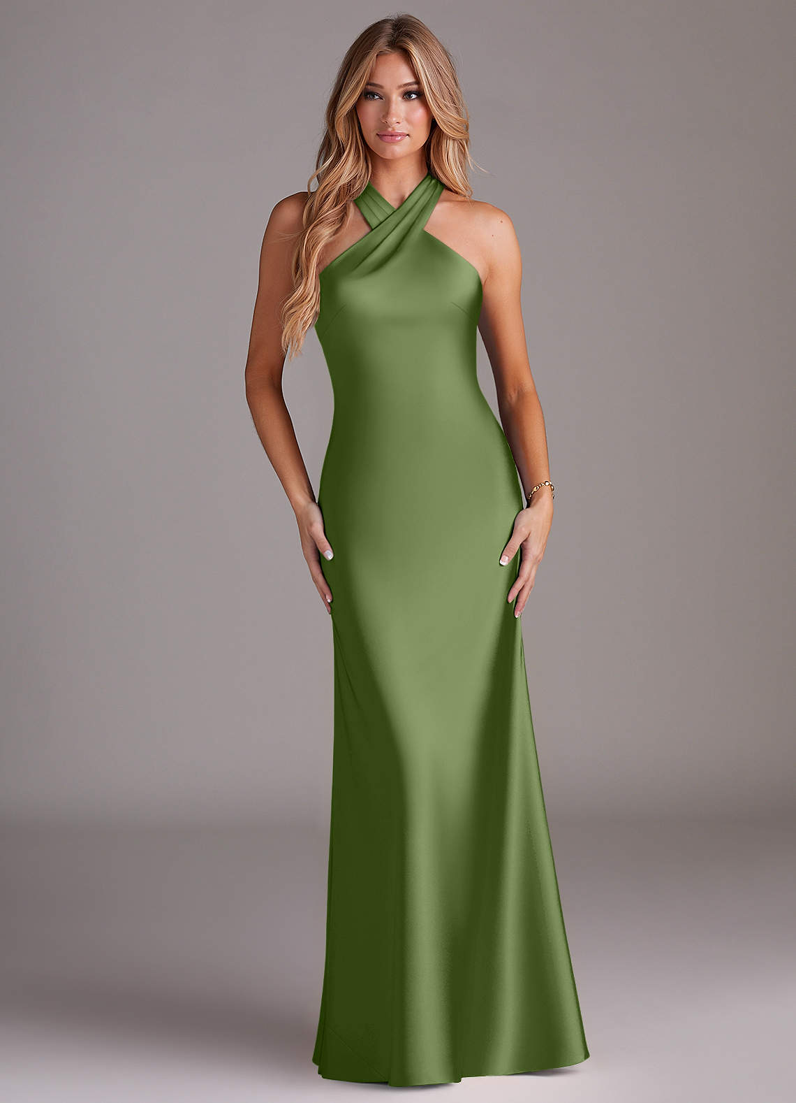 Doretta Mermaid Halter Stretch Satin Bridesmaid Dress in Juniper