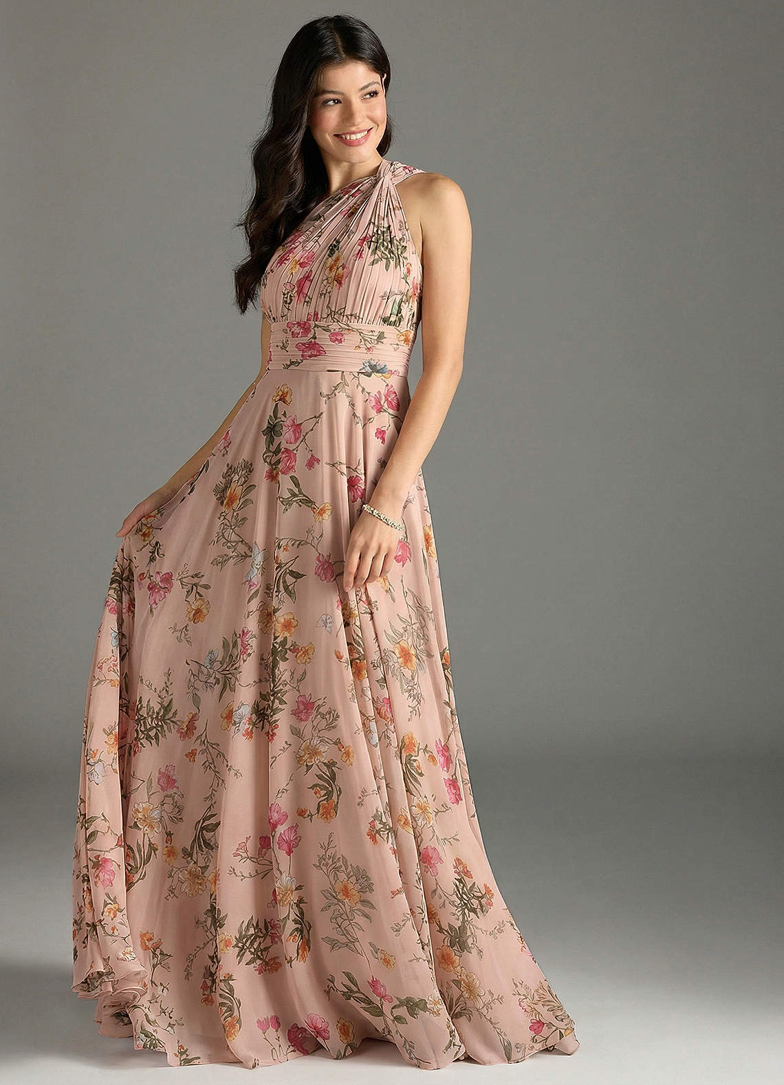 Charlize A-Line One-Shoulder Chiffon Bridesmaid Dress in Rose Petal Floral