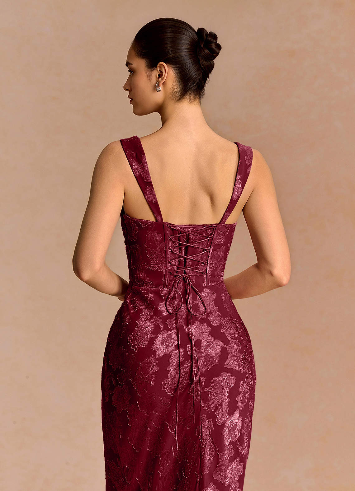 Agustina Square-Neck Pleated Fil Coupé Evening Dress in Wine