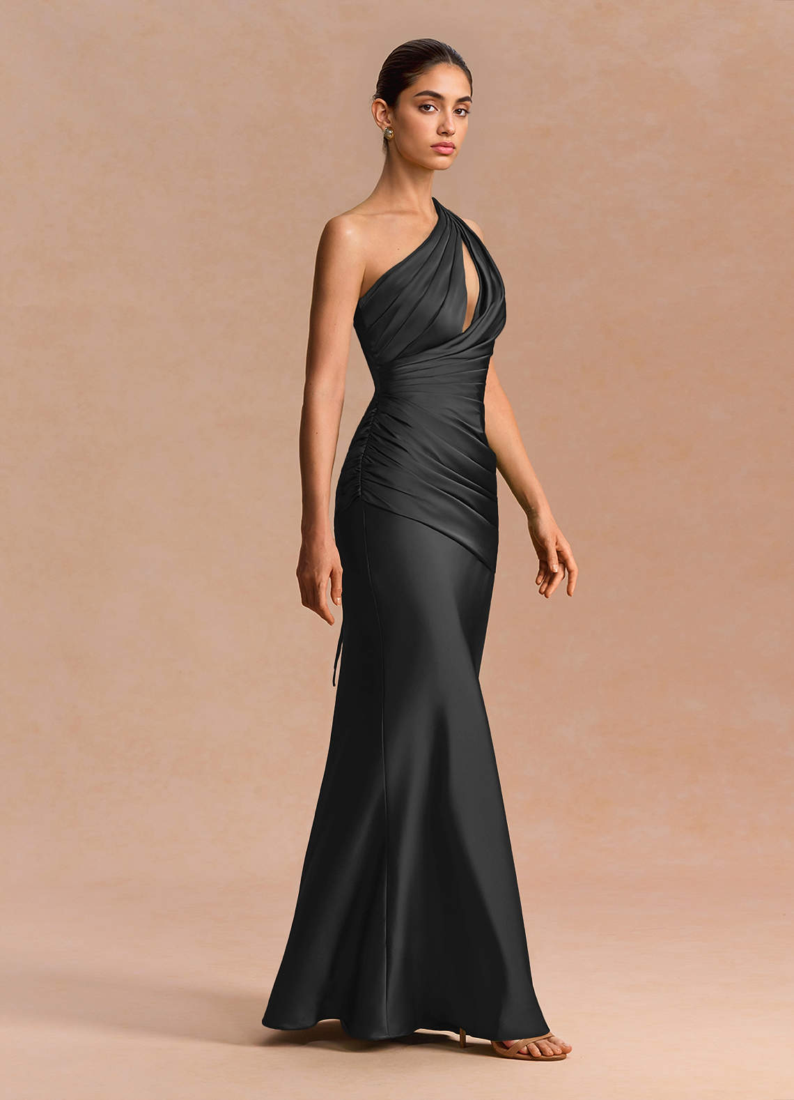 Guinevere One-Shoulder Cutout Stretch Satin Evening Dress in black