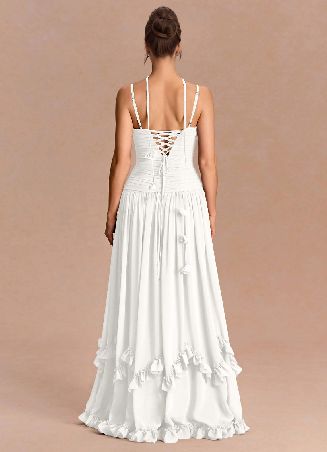 Eulalie A-Line Floral-Appliqué Chiffon Evening Dress in White