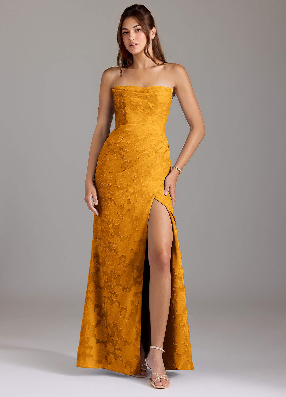 Leonis Sheath Strapless Floral Burnout Bridesmaid Dress in butterscotch